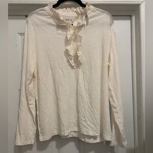 LOFT Cream Ruffle-Front Long Sleeve Blouse